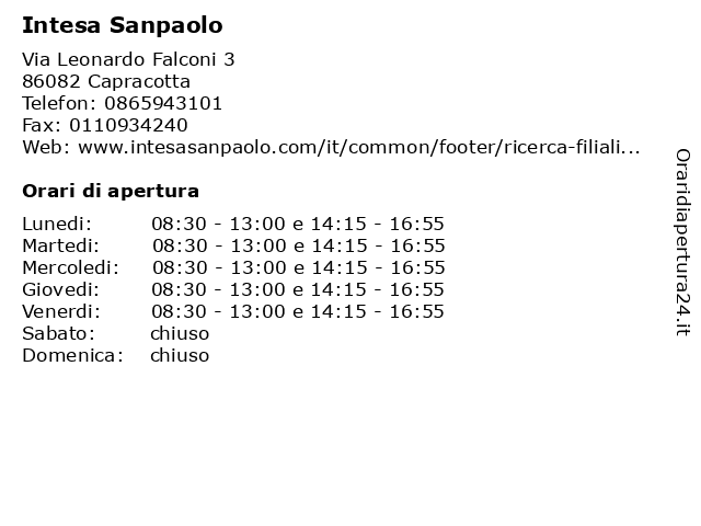 Intesa Sanpaolo a Capracotta: indirizzo e orari di apertura