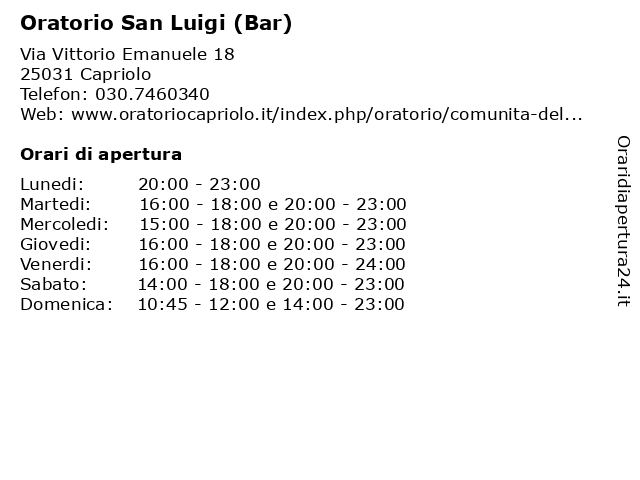 Oratorio San Luigi (Bar) a Capriolo: indirizzo e orari di apertura