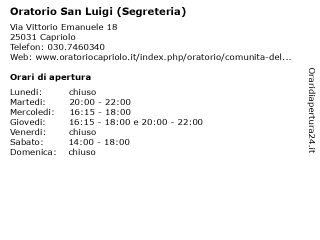 Oratorio San Luigi (Segreteria) a Capriolo: indirizzo e orari di apertura