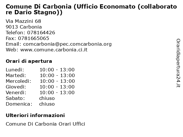 Comune Di Carbonia (Ufficio Economato (collaboratore Dario Stagno)) a Carbonia: indirizzo e orari di apertura