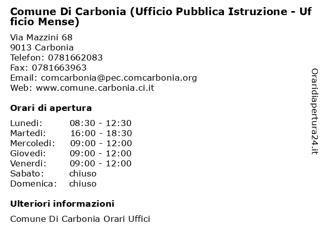 Comune Di Carbonia (Ufficio Pubblica Istruzione - Ufficio Mense) a Carbonia: indirizzo e orari di apertura