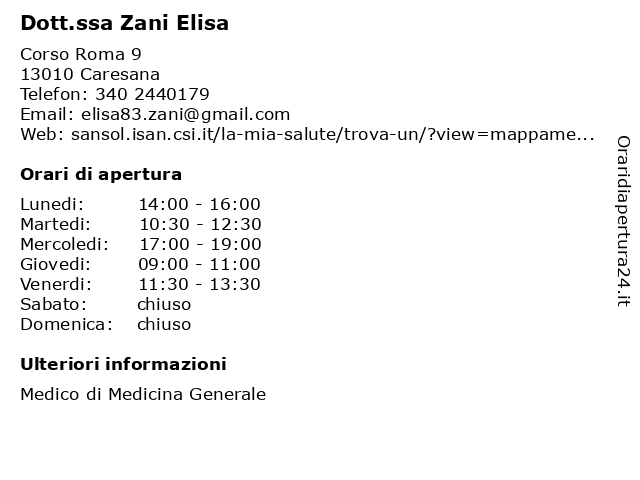 Dott.ssa Zani Elisa a Caresana: indirizzo e orari di apertura