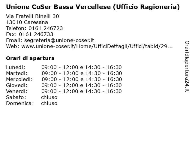 Unione CoSer Bassa Vercellese (Ufficio Ragioneria) a Caresana: indirizzo e orari di apertura