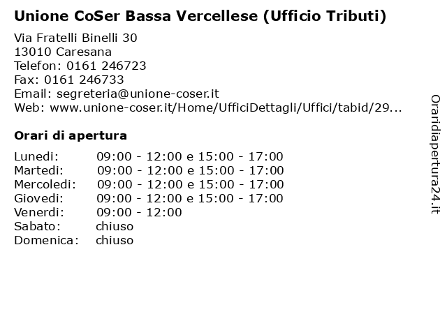 Unione CoSer Bassa Vercellese (Ufficio Tributi) a Caresana: indirizzo e orari di apertura