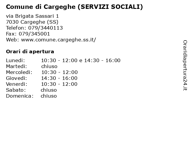 Comune di Cargeghe (SERVIZI SOCIALI) a Cargeghe (SS): indirizzo e orari di apertura
