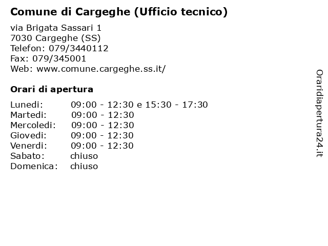 Comune di Cargeghe (Ufficio tecnico) a Cargeghe (SS): indirizzo e orari di apertura