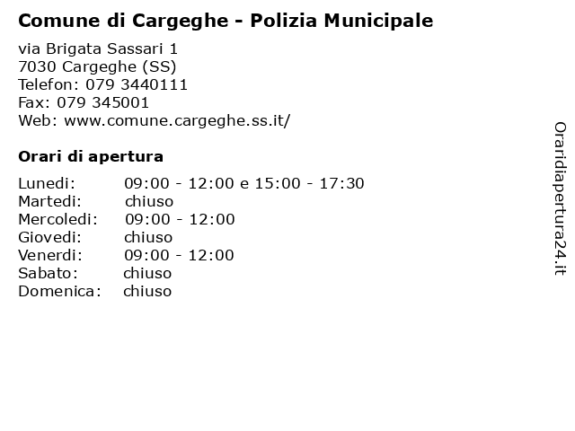 Comune di Cargeghe - Polizia Municipale a Cargeghe (SS): indirizzo e orari di apertura