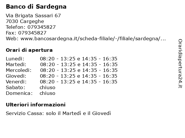 Banco Di Sardegna a Cargeghe: indirizzo e orari di apertura