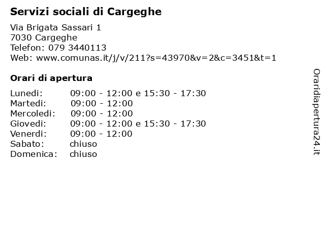 Servizi sociali di Cargeghe a Cargeghe: indirizzo e orari di apertura