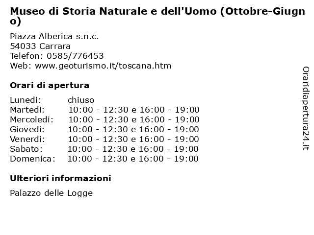 Museo di Storia Naturale e dell'Uomo (Ottobre-Giugno) a Carrara: indirizzo e orari di apertura