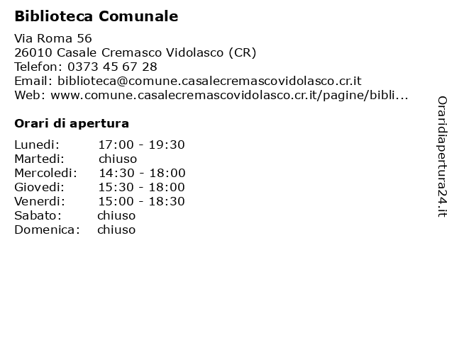 Biblioteca Comunale a Casale Cremasco Vidolasco (CR): indirizzo e orari di apertura