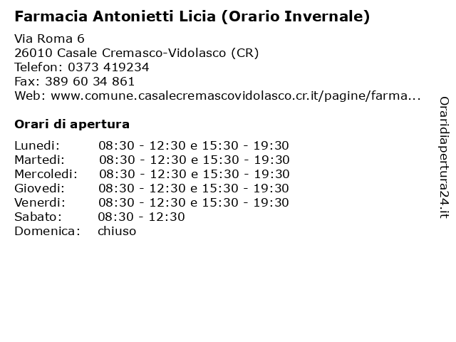 Farmacia - Antonietti Licia (orario invernale) a Casale Cremasco-Vidolasco (CR): indirizzo e orari di apertura