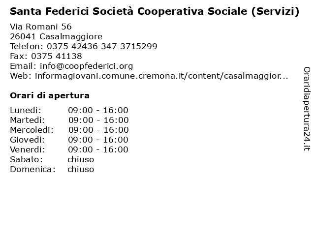 Santa Federici Società Cooperativa Sociale (Servizi) a Casalmaggiore: indirizzo e orari di apertura