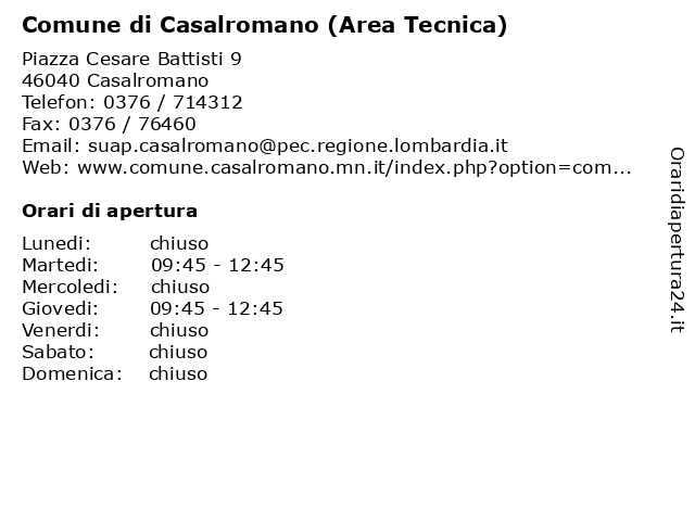 Comune di Casalromano (Area Tecnica) a Casalromano: indirizzo e orari di apertura