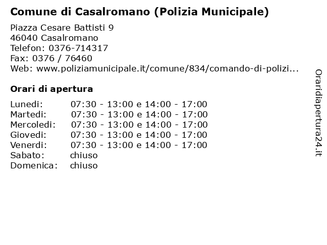 Comune di Casalromano (Polizia Municipale) a Casalromano: indirizzo e orari di apertura