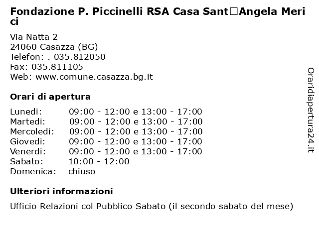 Fondazione P. Piccinelli RSA Casa Sant’Angela Merici a Casazza (BG): indirizzo e orari di apertura
