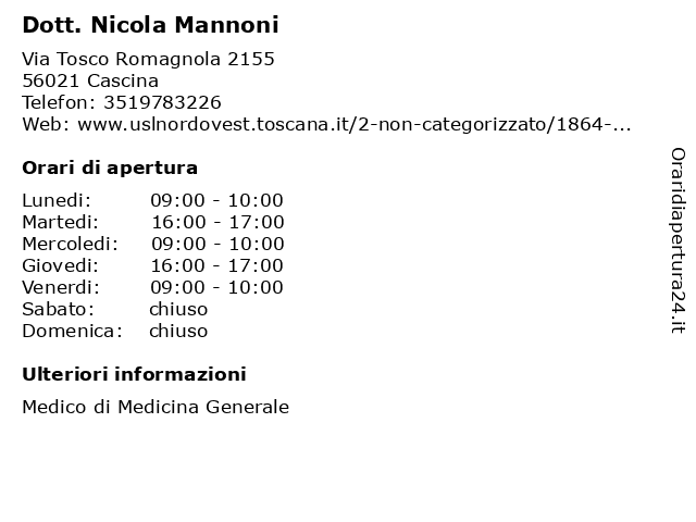 Dott. Nicola Mannoni a Cascina: indirizzo e orari di apertura