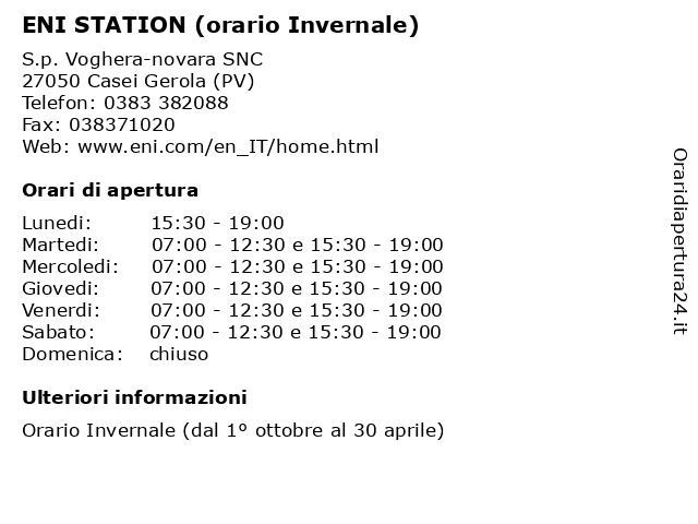 ENI STATION (orario Invernale) a Casei Gerola (PV): indirizzo e orari di apertura