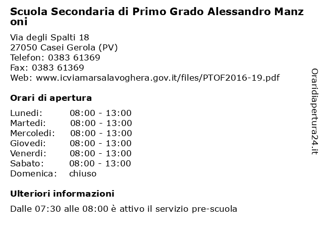 Scuola Secondaria di Primo Grado Alessandro Manzoni a Casei Gerola (PV): indirizzo e orari di apertura