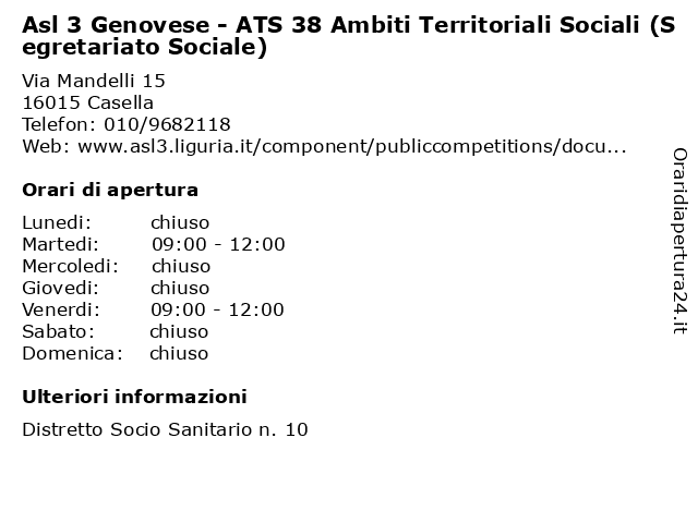 Asl 3 Genovese - ATS 38 Ambiti Territoriali Sociali (Segretariato Sociale) a Casella: indirizzo e orari di apertura