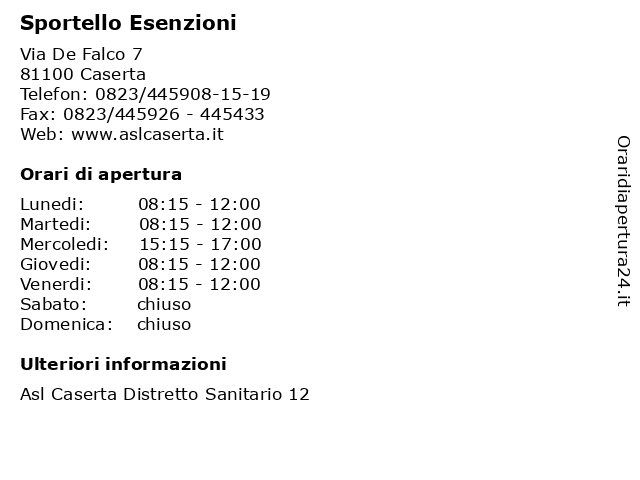 á… Orari Di Apertura Sportello Esenzioni Via De Falco