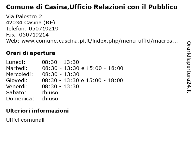 Comune di Casina,Ufficio Relazioni con il Pubblico a Casina (RE): indirizzo e orari di apertura