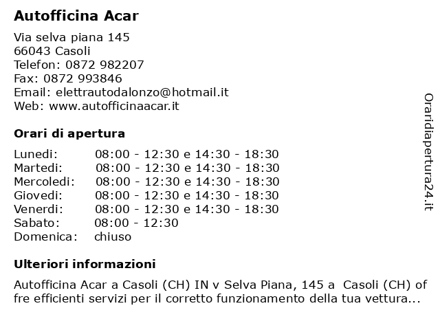Autofficina Acar a Casoli: indirizzo e orari di apertura