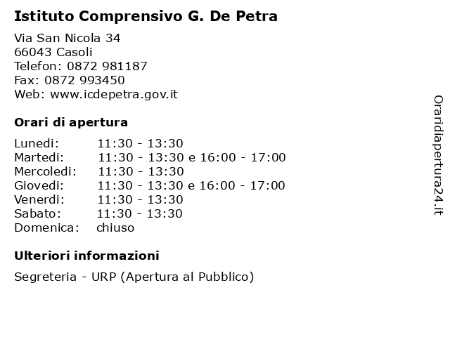 Istituto Comprensivo G. De Petra a Casoli: indirizzo e orari di apertura