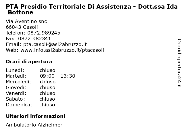 PTA Presidio Territoriale Di Assistenza - Dott.ssa Ida Bottone a Casoli: indirizzo e orari di apertura