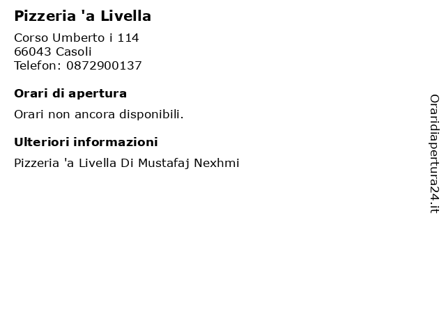 Pizzeria 'a Livella a Casoli: indirizzo e orari di apertura