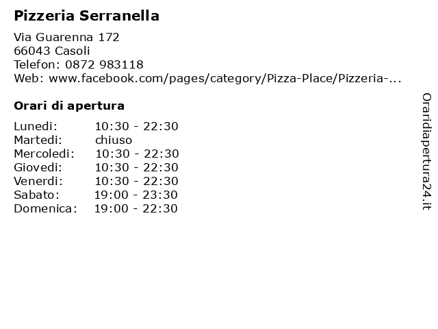 Pizzeria Serranella a Casoli: indirizzo e orari di apertura