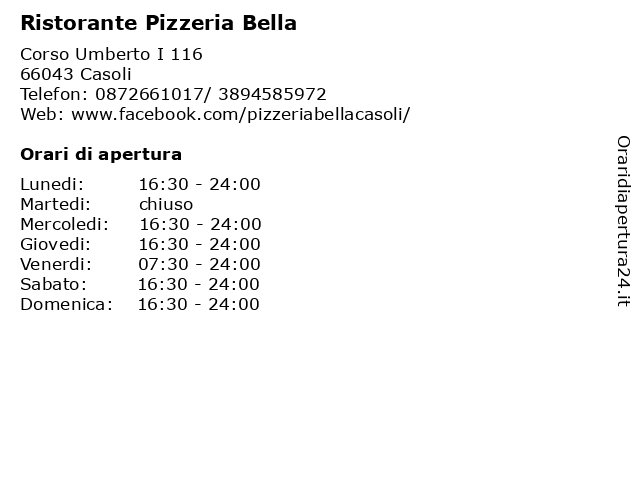 Ristorante Pizzeria Bella a Casoli: indirizzo e orari di apertura