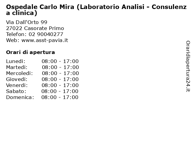 Ospedale Carlo Mira (Laboratorio Analisi - Consulenza clinica) a Casorate Primo: indirizzo e orari di apertura