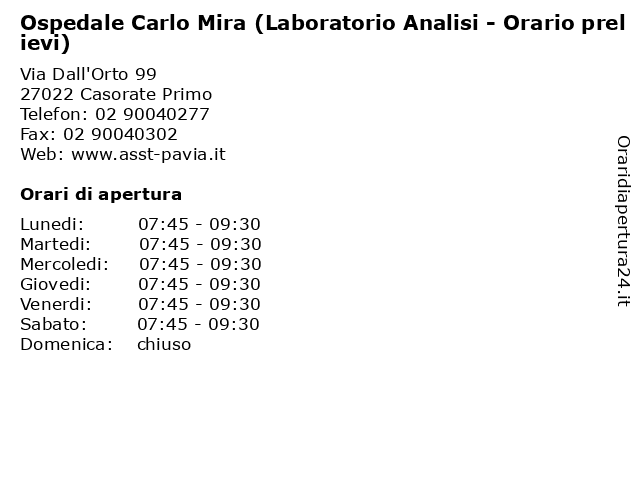 Ospedale Carlo Mira (Laboratorio Analisi - Orario prelievi) a Casorate Primo: indirizzo e orari di apertura