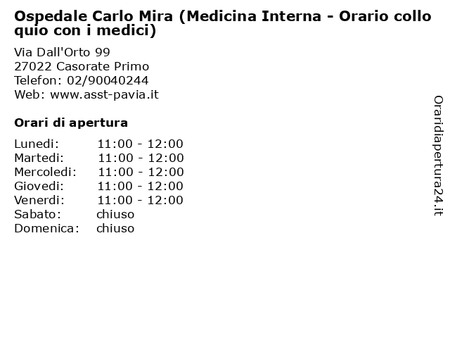 Ospedale Carlo Mira (Medicina Interna - Orario colloquio con i medici) a Casorate Primo: indirizzo e orari di apertura