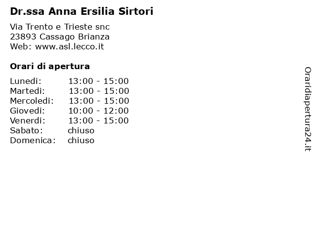 Dr.ssa Anna Ersilia Sirtori a Cassago Brianza: indirizzo e orari di apertura