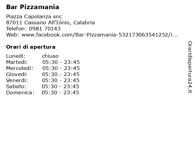 Bar Pizzamania a Cassano All'Iónio, Calabria: indirizzo e orari di apertura