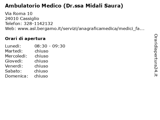 Ambulatorio Medico (Dr.ssa Midali Saura) a Cassiglio: indirizzo e orari di apertura