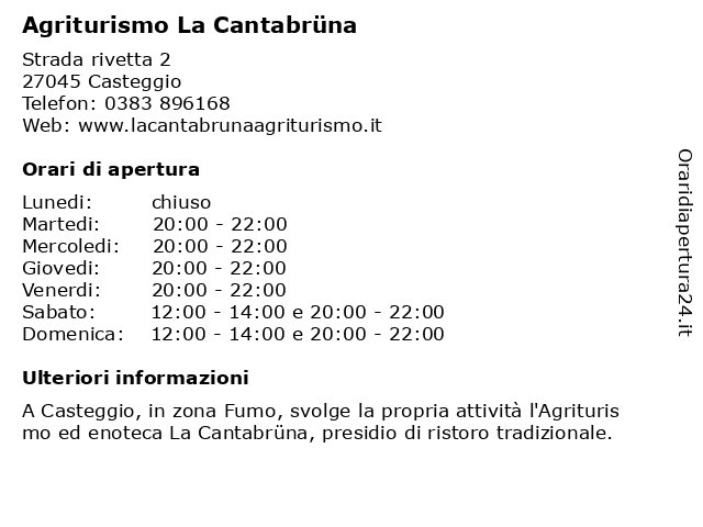 Agriturismo La Cantabrüna a Casteggio: indirizzo e orari di apertura
