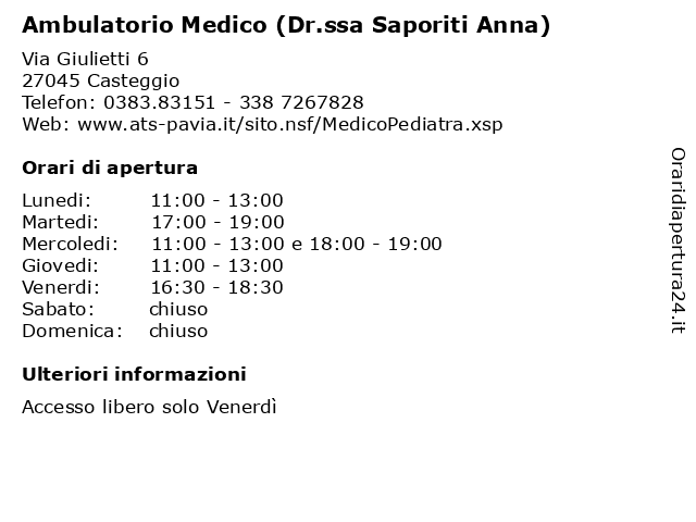 Ambulatorio Medico (Dr.ssa Saporiti Anna) a Casteggio: indirizzo e orari di apertura
