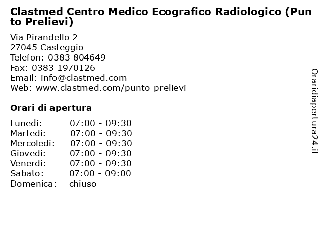 Clastmed Centro Medico Ecografico Radiologico (Punto Prelievi) a Casteggio: indirizzo e orari di apertura