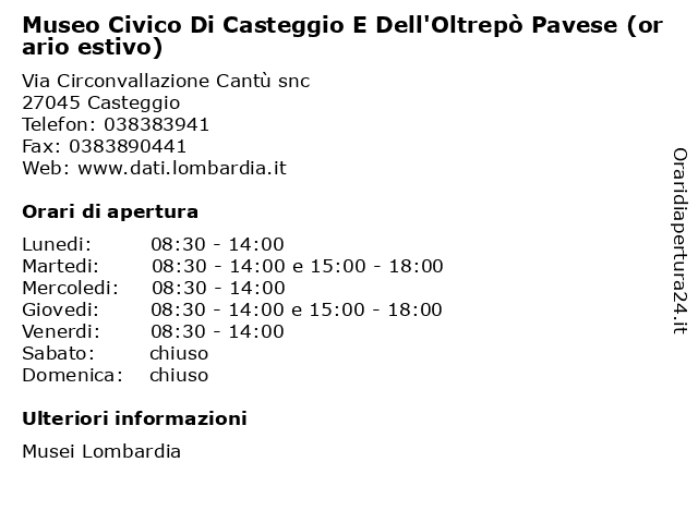 Museo Civico Di Casteggio E Dell'Oltrepò Pavese (orario estivo) a Casteggio: indirizzo e orari di apertura