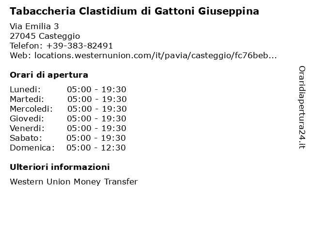 Tabaccheria Clastidium di Gattoni Giuseppina a Casteggio: indirizzo e orari di apertura