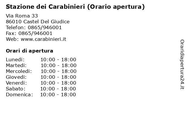Stazione dei Carabinieri (Orario apertura) a Castel Del Giudice: indirizzo e orari di apertura