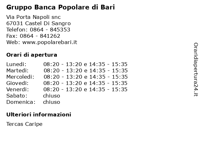 Gruppo Banca Popolare di Bari a Castel Di Sangro: indirizzo e orari di apertura