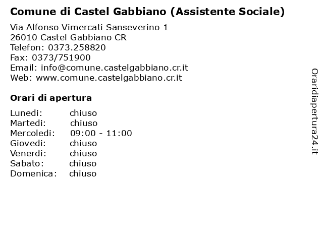 Comune di Castel Gabbiano (Assistente Sociale) a Castel Gabbiano CR: indirizzo e orari di apertura