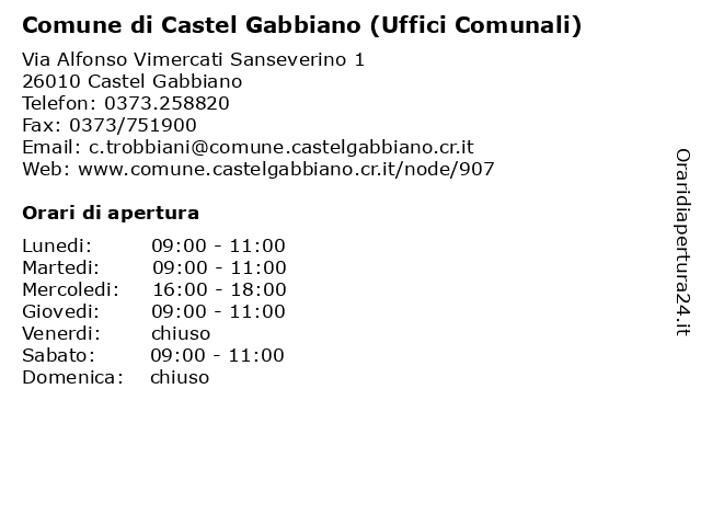 Comune di Castel Gabbiano (Ufficio Demografico) a Castel Gabbiano CR: indirizzo e orari di apertura