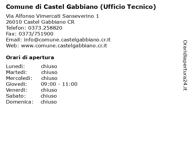 Comune di Castel Gabbiano (Ufficio Tecnico) a Castel Gabbiano CR: indirizzo e orari di apertura