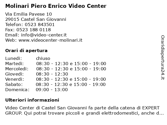 Molinari Piero Enrico Video Center a Castel San Giovanni: indirizzo e orari di apertura