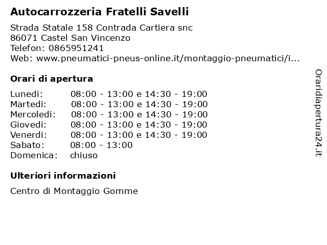 Autocarrozzeria Fratelli Savelli a Castel San Vincenzo: indirizzo e orari di apertura
